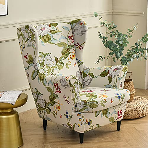 Highdi Wingback Chair Covers 2-Piece Stretch Wing Chair Cover for Armchair, Spring Floral Soft Spandex Sofa Slipcover Washable Living Room Bedroom Hotel Furniture Protector