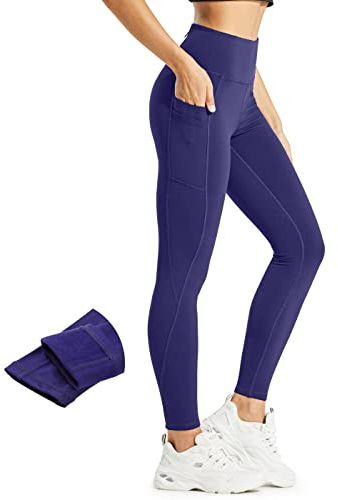 Comallan Legging Polaire Femme Hiver Leggings Chaud Femme Etanche Course Sport Yoga Training Thermique Thermo Pantalon avec Poches Bleu Marine, M