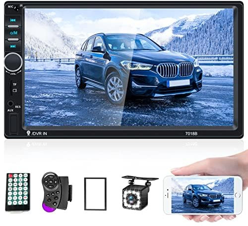CAMECHO Double din Car Stereo with Bluetooth 7 Inch Touch Screen Car Radio with Mirror link for Android/IOS FM Radio SWC DVR USB AUX TF SD Car Multimedia Player+Backup Camera+Remote Control