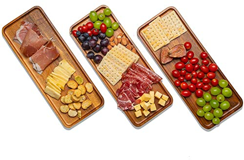 Wooden Serving Platter Tray Set of 3 14.17x5.5in, WLWNWFT Acacia Wood Serving Tray Boards Dessert Platter for Housewarming Serving Food Entertaining Party Kitchen Counter