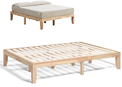 COSTWAY Queen Size Platform Bed Frame, 14 Inches Solid Rubber Wood Bed Mattress Foundation with Sturdy Slats Support, Easy Assembly Bed Frame for Home Hotel, No Box Spring Needed (Natural, Queen)