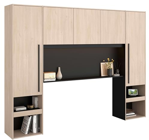 Miroytengo Cabecero Armario de Cama con Almacenaje Pared, Puente de Cama John con Leds, Roble Brooklyn y Negro Stipple 265x40x203 cm