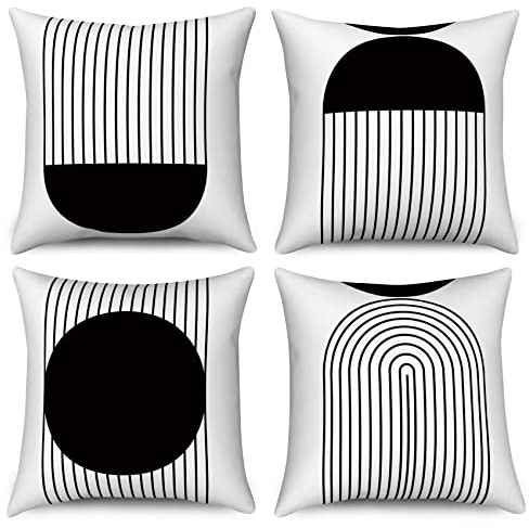 Hnmdmyi Funda de Cojín Boho 40x40 Juego de 4, Blanco y Negro de Mediados de Siglo Abstracto geométrico Arco Sol Fundas de cojín Decorativo Moderno Minimalista de Lino para sofá Exterior Home Decor