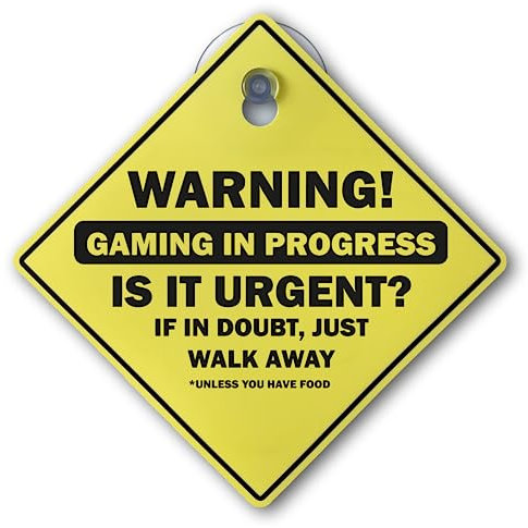 Funny Warning Sign With Suction Cup + Adhesive Hook | Warning Gaming In Progress | Unique Weird Silly Gag Accessory Gift for Gamers, Birthday, Christmas, Secret Santa Gift| 15cm x 15cm