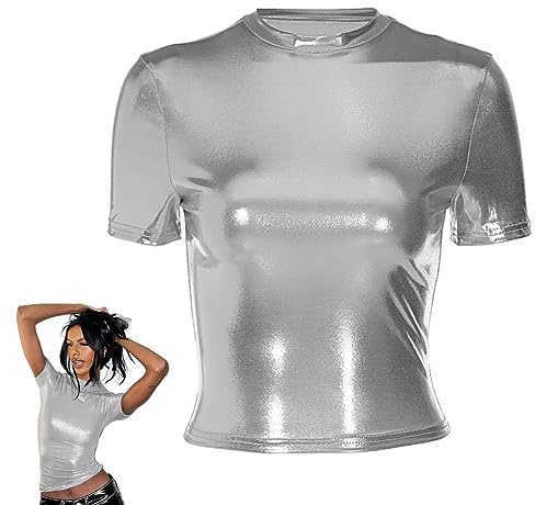 Hauts brillants pour femmes, t-shirt ajusté à manches courtes métalliques holographiques, chemisier de soirée à col montant et haut court scintillant, chemisier t-shirt Disco scintillant scintillant