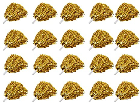 20 Pcs Metallic Cheerleading Pom Poms for Kids Fluffy Foil 12 Inch, Team Spirit Sports Dance Party (Gold)