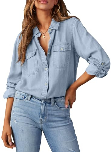 Astylish Womens Denim Button Up Shirts Chambray Blouse V Neck Lightweight Long Sleeve Soft Jean Shirts Beau Blue Medium