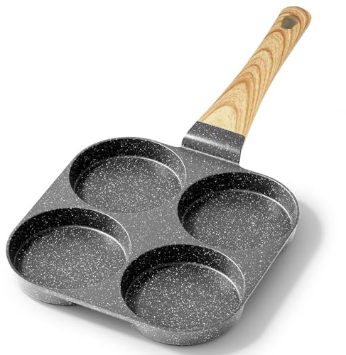 GiPP Non Stick Egg Pan, 4-Cup Granite Omelette Pan Skillet for Breakfast, Pancake Pan with Heat-Resistant Handle, Compatible with All Stovetops, Easy to Clean, PFOA Free (Grey, 4-Hole)