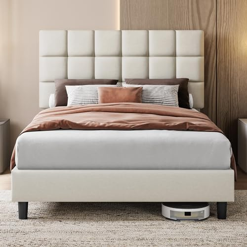 Yaheetech 4ft6 Double Bed Frame, Upholstered Headboard, Beige | Premium linen‑fabric, square tufted & adjustable height headboard, solid slats, ideal for bedrooms, apartments and guestrooms