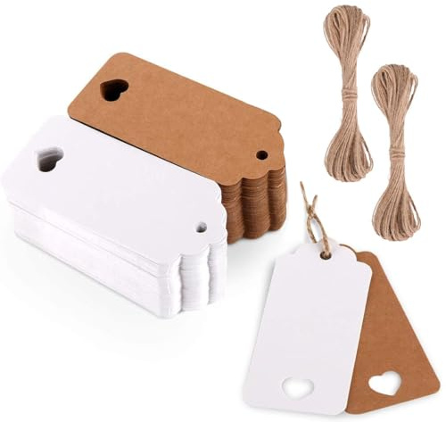 Aieino 100PCS Gift Tags with String for Presents - 4x9cm Kraft Paper Tags Blank Labels Hollow Heart Pattern Decorative Name Tags for Valentines Day, Birthday, Wedding, Party(Brown & White)