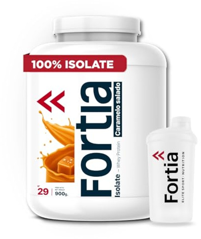 FORTIA Whey Protein Isolate 100% 39g/dosis + Shaker – Proteina Isolada de Suero Premium Hecha en España | Proteína Alta en BCAA, Leucina y Glutamina | Mejora Masa Muscular | Caramelo Salado 900g