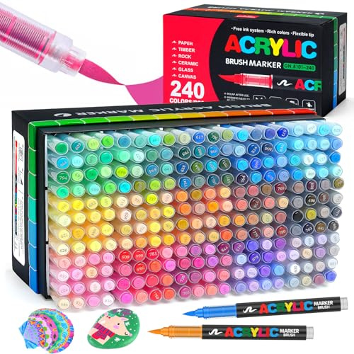 Efimeso 240 Colori Pennarelli Acrilici, Pennarello Vernice Acrilica a Pennello a Base Acqua, Pennarello Vernice Acrilica per Roccia, Tela, Legno, Pietra, Ceramica, Vetro, Tessuto