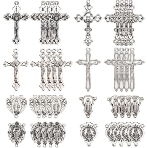 SUNNYCLUE 1 caja de 48 piezas de 8 estilos de Dijes de Rosario de Pascua Crucifijo de Rosario de Metal Colgantes de Aleación de Estilo Tibetano de Plata Antigua Conectores de Eslabones de Candelabro C