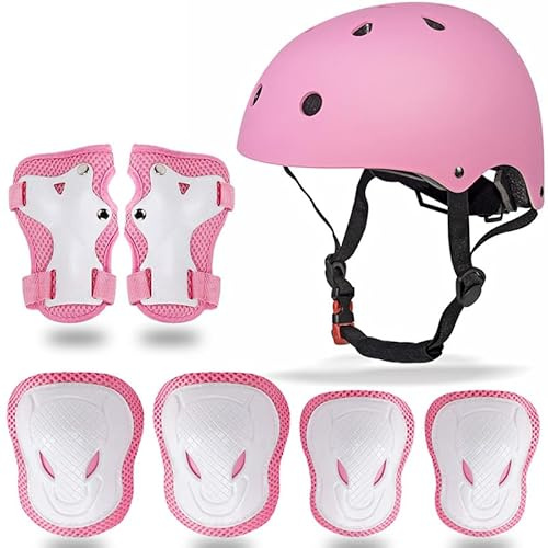 Juego de 7 juegos de protección para patinetas, cascos y rodilleras infantiles para patinaje, bicicleta, patinete de 3 a 10 años (rosa)