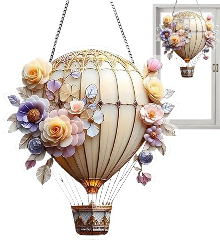 Hot Air Balloon Decorations, Acrylic Stained Glass Ornament, Weather-Resistant Decorative Piece, Outdoor Lawn, Colorful Hanging Garden Accent for Porch, Patio, Balcony, Yard Decor