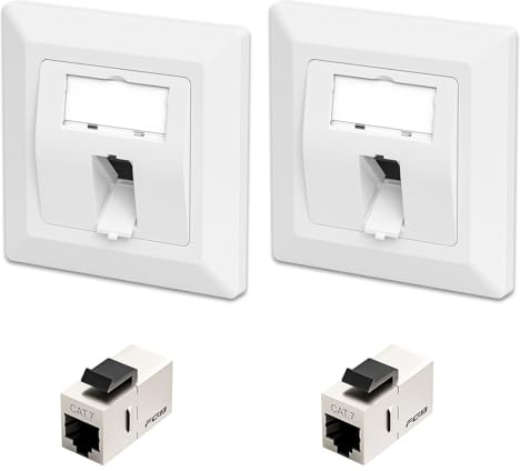 FGB 2 tomas de red CAT7 Keystone para montaje en superficie o empotrada, 1 puerto RJ45, con 2 módulos Keystone CAT7, cable de conexión, hembra a hembra, Ethernet, acoplador, 10 Gbps, STP, color blanco