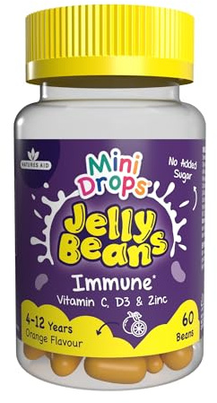 Natures Aid Mini Drops Jelly Beans Immune Support – 60 Beans | Vitamin C, D3 & Zinc, Supports Immunity, Orange, No Added Sugar, Gluten-Free, Ages 4-12
