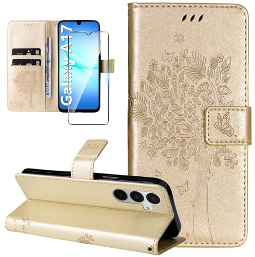 Dcjlbo Cover per Samsung Galaxy A17 4G/5G Custodia Cover in Pelle Portafoglio a Libro con Pellicola Vetro Temperato Porta Carte Cover Flip Case Cuoio Antiurto Custodia-Oro