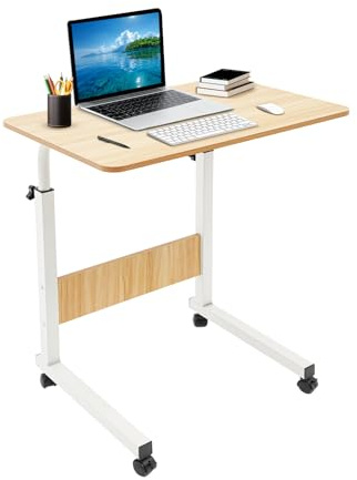 Escritorio de altura ajustable de 70 – 90 cm, mesa portátil para portátil con ruedas y freno, mesa auxiliar plegable para sofá, cama, oficina en casa, tablero de fibra de densidad media, hierro blanco
