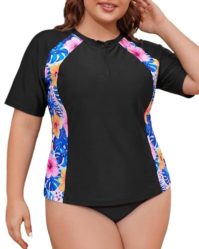 SHEKINI Womens Plus Size Rash Vest Zipper Short Sleeve Swim Shirts Sun Protection Modest Swimsuit Tops, Pink Yellow Flower, XXX-Large