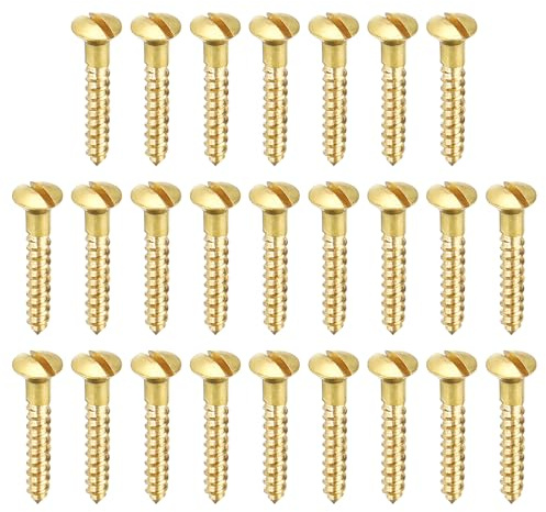 PATIKIL M3 x 18mm Slotted Wood Screw, 25 Pack Solid Brass Oval Head Flat Head Self Tapping Screws for Wood Furniture Connecting, Gold Tone