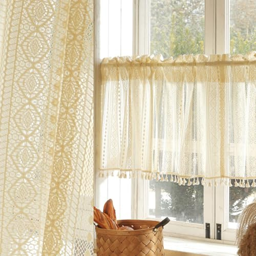 EUREKORA Scheibengardinen Landhausstil Boho Gestreifte Küchengardinen Kurzstore Gardine mit Quasten Beige Häkelgardine Landhausstil für kleine Fenster Küche Cafe Schlafzimmer (140 X 50CM)