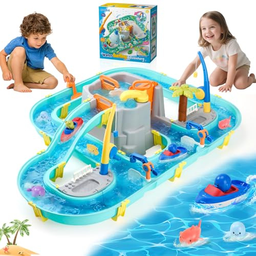 LTFIOON Wasserspielzeug mit Wasserbahn, 80 Teile Wasserbahn Kinder Draußen - Wassertisch Kinder mit Booten, Angel & Tierfiguren für Wasserspaß ab 3 Jahren, Sommer Spielzeug für Garten und Strand