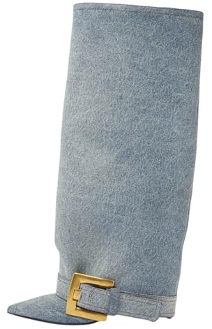 HYFEUOKF Stivali a punta con fibbia in metallo e tacco alto da donna, pantaloni slip-on, gamba dritta sopra il ginocchio(44)