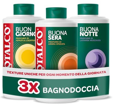 Borotalco, Kit con 3 Bagnodoccia, Bagnoschiuma Tripla Azione Setificante, Rigenerante e Rilassante, Profumo Vaniglia, Ambra Speziata e Lavanda, Ideale per Tutti i Momenti della Giornata, 3x500 ml