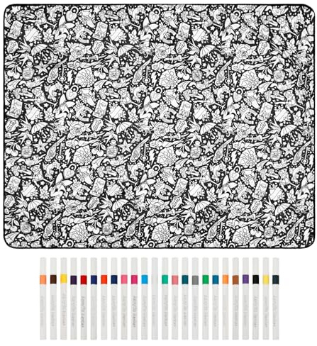 PEIZHIYC Coperta da colorare fai da te, 156 x 125 cm, riutilizzabile, con pennelli in 24 colori, lavabile, in velluto, per bambini e adulti, set creativo (fiore)