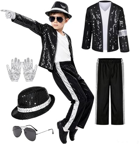 Generico Costume Pop Star Anni '80 '90 per Bambini Ragazzi 4-10 Anni, Set 6 Pezzi con Giacca Nera con Paillettes, Pantaloni, Cappello, Guanto – Spettacoli Halloween