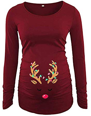 Deer Deer Navidad Maternidad Top Mujeres Casual Invierno Mangas Vintage Cálido Jersey Largas Tops con Capucha (Color : Rot, Size : L)