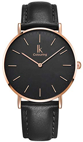 Alienwork Orologio Uomo Donna Oro rosa Bracciale in Cuoio Nero Ultra-sottile