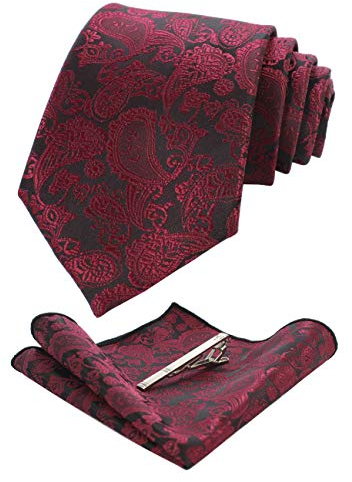 JEMYGINS Dunkelrot krawatte Paisley Seide Herren Krawatten und Einstecktuch mit krawattenklammer Sets (6)
