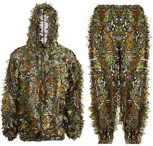 Amoper Ghillie Suit 3D Leaf Hood Camouflage Clothing Outdoor Woodland Hunting Suit Sniper Costume Camo Outfit for Jungle Hunting, Military Game, Wildlife Photography, Paintball (Height 1.6-1.8 m)