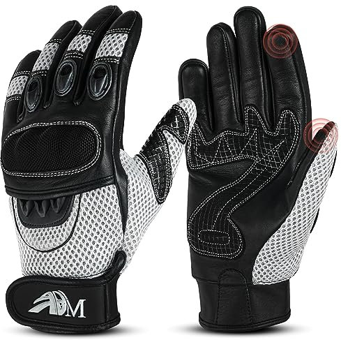 ADM Gants Moto Scooter Homme Cuir Homologués CE Tactile Logo Motard Été Hiver Doux Mi-Saison Souples Respirants Antidérapants, Réf. 9001, Blanc Taille M