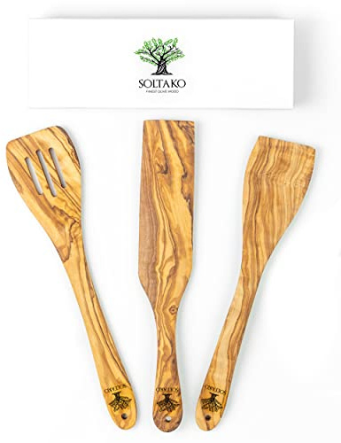 SOLTAKO Ustensiles de Cuisine en Bois d’Olivier, Lot de 3 Spatules de Cuisine en Bois Antiadhésives, Résistant à la Chaleur, Cuisine Accessoires, env 30cm