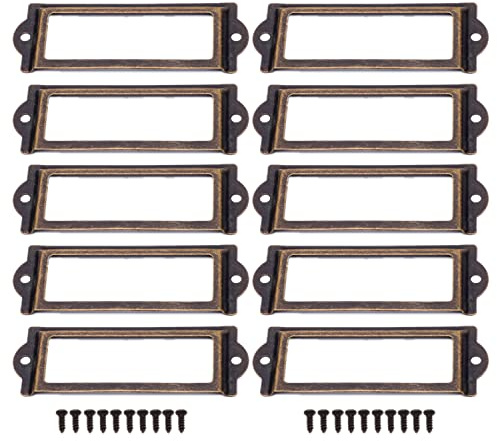 10 Stycken Brons-etiketthållare Antik Etikettram Metalletikett Visitkortsram Möbler Låda Skåp Korthållare Etikett för Lådor Aarkivskåp (83x30mm)