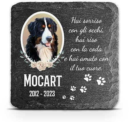 TULLUN Targa commemorativa Personalizzata Grigio Scuro per Animale Domestico marcatore tombale in Pietra d'ardesia - Dimensioni 10x10 cm - Foto Cornice Floreale
