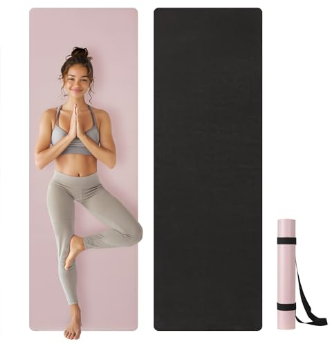 Navaris yogamatta med halkfri design - tvåfärgad design - rosa svart fitnessmatta - sportmatta med bärrem - miljövänlig och säker