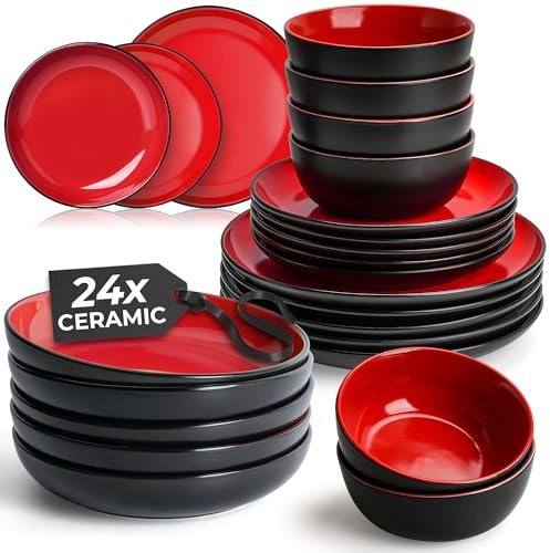 MIAMIO – Set di Stoviglie da 24 Pezzi per 6 Persone/Servizio da Tavola in Gres – Inclusi Piatti, Piatti Fondi e Ciotole – Adatti per Microonde e Lavastoviglie – Collezione Le Papillon (Rosso)