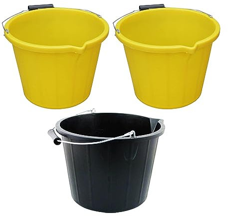 14L Litre/3 Gallon Plastic Builders Buckets with Metal Handle, Spout & Measuring Scale Heavy Duty Storage Bucket Utility Bucket - Garden, Kitchen, Water Storage, Fishing (2 x Yellow & 1 x Black)