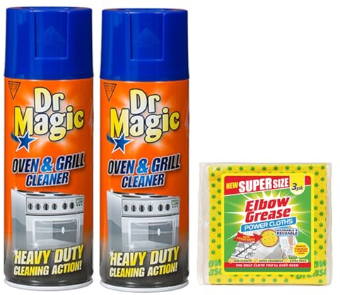 2X Dr Magic Oven and Grill Cleaner Spray (2X 390 ml)- Effortlessly Remove Stubborn Food Residues Grease from Oven and Grill - with 1 Pack Elbow Grease Power Cloth