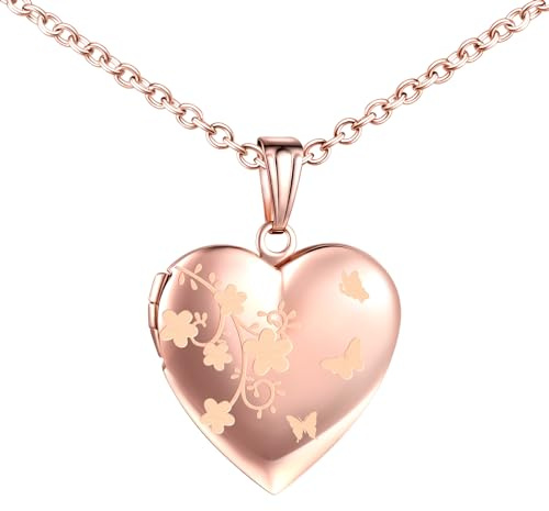 MICMIF Collana Donne Cuore Medaglione con Fiori e Farfalle, Acciaio Inossidabile Ciondolo Medaglione per Foto Personalizzata Portafoto con Catena 50cm Gioielli Regalo per Mamma Moglie Fidanzata