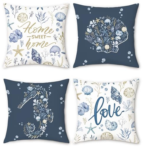 Bonhause Coastal Cushion Covers 45 x 45 cm Seahorse Seashell Starfish Conch Beach Decorative Throw Pillow Covers Navy Blue Pillowcases for Sofa Couch Bed Home Decor Set of 4
