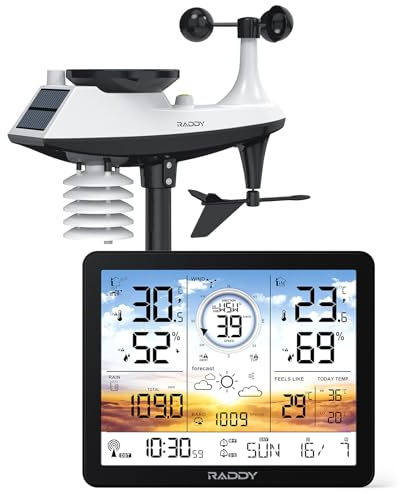 Raddy AG7 Station météo sans fil, Thermomètre intérieur/extérieur, Écran numérique 7,4'' coucher de soleil, Horloge atomique, Contrôle température et humidité, Prévisions et pression barométrique