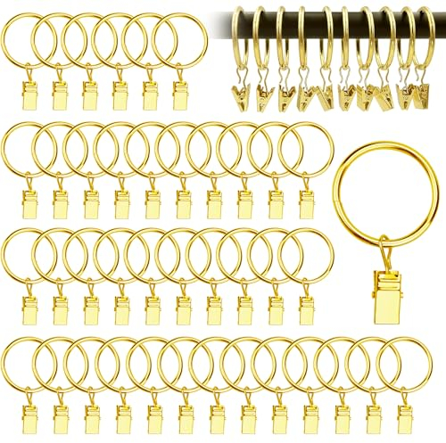 pangdapengpeng 40 Pezzi Ganci Tende, Anelli per Tende con Clips Metallo, 32mm Ganci per Tende Scorrevoli per Binario per Tende, Tende da Doccia, Stendibiancheria (Oro)