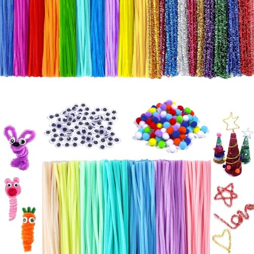 Hengxinchen 500 Stück 27 Farben 300 Chenilledraht, 200 Wackelaugen Selbstklebend und PomPons, 30CM Glitzer Pfeifenreiniger zum Basteln, Pipe Cleaner für DIY-Projekte