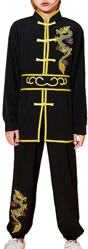 Jhaoyu Niños Chino Kung Fu Uniforme Niños Tradicional Tai Chi Wushu Artes Marciales Ropa Conjuntos Deportes Ropa Chándales, Negro , 110-116