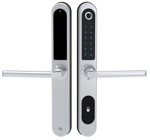 Slim Smart Fingerprint Door Lock with Handles, Keyless Entry Door Lock, Bluetooth Fingerprint Keypad Card Keyless Unlock for Aluminum Swing Wooden Door (Silvery)